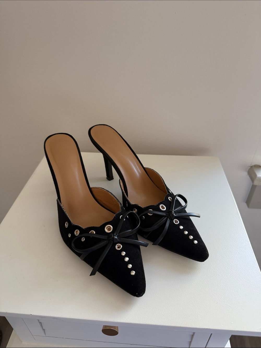 Women’s Black Pointed-Toe Mule Heels with Stud & Bow Detail
